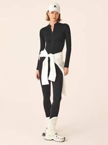 Lifespree Women's Solid Color Front Zip Long Sleeve Seamless Highly Elastic Yoga Sports Jacket - Black - View 4