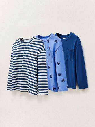 THE HAPPY LOOK 男孩 3 件套基本款 T 恤套装，带有条纹图案和纯色七角星设计