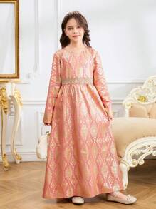 Tween Girl Classic Traditional Conservative Long Dress, Round Neck Long Sleeve Pink And Gold Floral Pattern - Pink - View 10