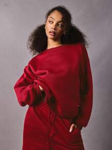 Athîral 1pc Women Casual Solid Color Round Neck Sweatshirt, Autumn/Winter - Red - View 4