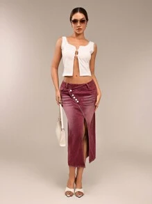 SHEIN BAE Women Sexy Fitted Red Denim Skirt With Front Slit - Red - View 4