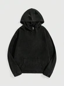 ROMWE MEN Casual Herren Herbst Langarm Lässig Kapuzen Denim Jacke, locker geschnitten mit Taschen - Schwarz - Übersicht 1