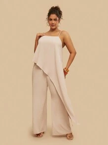 Travachic Plus Size Casual Vacation Solid Color Camisole With Asymmetric Hem Top And Wide Leg Pants Set - Apricot - View 7