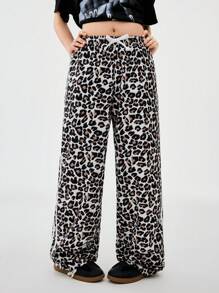 SHEIN Pantalones deportivos anchos con textura decorativa de banda de estampado de leopardo para niñas preadolescentes en primavera - Multicolor - Ver 4