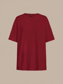 SHEIN BASICS 女士纯色休闲简约时尚 T 恤适合日常穿着 - 酒紅色 - 查看 6