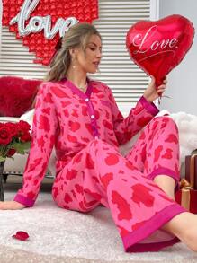 SHEIN 撞色滚边抽象图案休闲睡衣套装，女士秋冬服装 - 彩色 - 查看 4