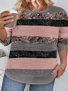 SHEIN LUNE Plus Size Vrouwen Casual Ombre Gestreepte Sparkle Ronde Hals Plaid Patroon Sweatshirt Met Gebogen Zoom, Comfortabel Voor Herfst/Winter