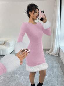SHEIN Unity 女士蓬松拼接圆领长袖迷你连衣裙，修身，秋冬 - 粉色 - 查看 1
