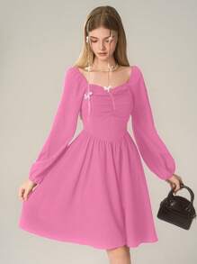 Teen Girl Pink Christmas Puff Sleeve Mini Dress - Pink - View 6