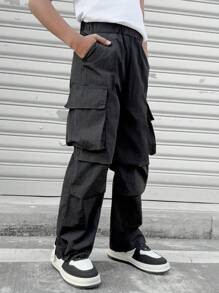 1pc Tween Boys Casual Black Pants, Teenage Boys' Loose Fit Utility Trousers