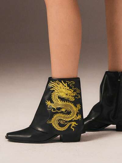 CUCCOO GRLICON Women's Dragon Embroidered Chunky Heel Ankle Boots, Y2K Punk Style, Suitable For Halloween, Christmas, Party Outfits