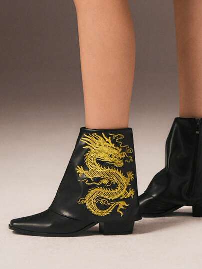 CUCCOO GRLICON Women's Dragon Embroidered Chunky Heel Ankle Boots, Y2K Punk Style, Suitable For Halloween, Christmas, Party Outfits