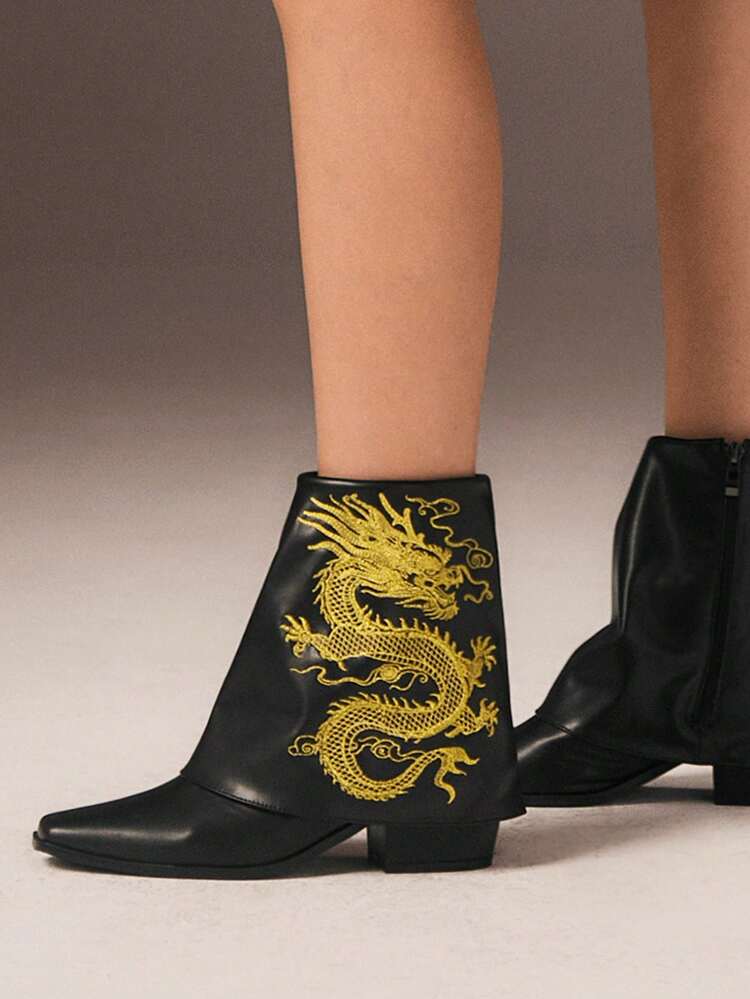 CUCCOO GRLICON Women's Dragon Embroidered Chunky Heel Ankle Boots, Y2K Punk Style, Suitable For Halloween, Christmas, Party Outfits