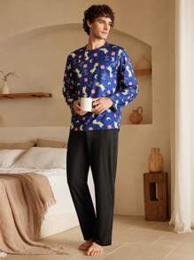 Men's Long Sleeve Casual Pajama Top, Minimalist And Fashion For Daily Wear - Blue - View 7