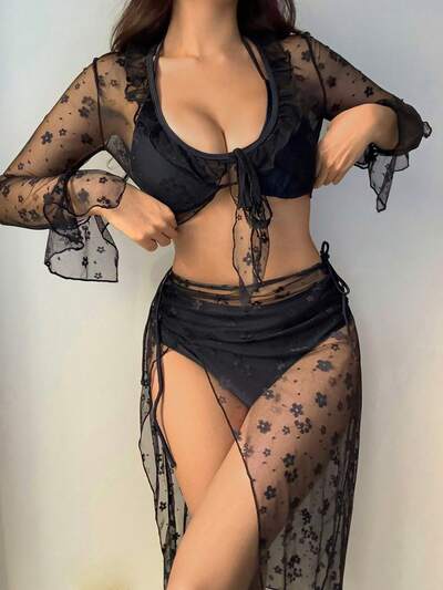 Women's Halter Neck Top And Panties Bikini Swimwear Set With Net Cover-Up Top And Skirt, For Summer Beach Vacation,Ruffle Sheer Festival Outfits