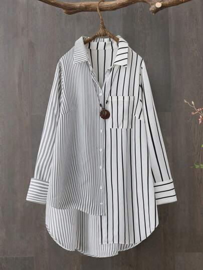 Linhara 大码女式条纹长袖休闲宽松纽扣前襟衬衫
