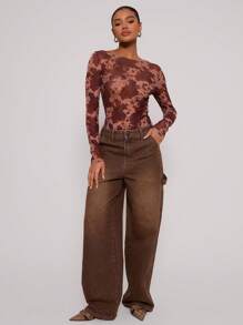 MUSERA All Over Print Mesh Long Sleeve Bodysuit Sexy Club Spring Summer Vacation Elegant - Multicolor - View 4