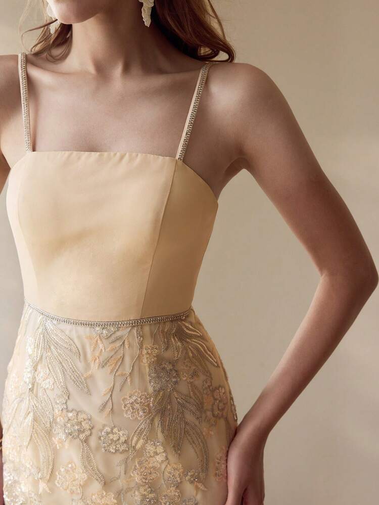 SEQUIN EMBROIDERY CONTRAST MESH MERMAID HEM DRESS