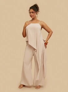 Travachic Plus Size Casual Vacation Solid Color Camisole With Asymmetric Hem Top And Wide Leg Pants Set - Apricot - View 5