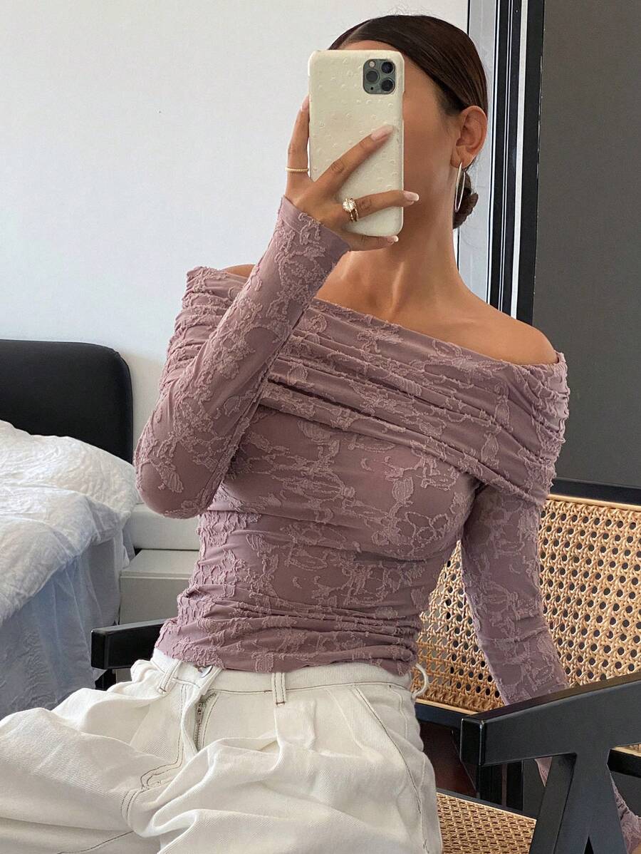 Livesso Plain Texture Off Shoulder Long Sleeve Cropped Women Shirt,Fall Clothes - Mauve Purple - View 1