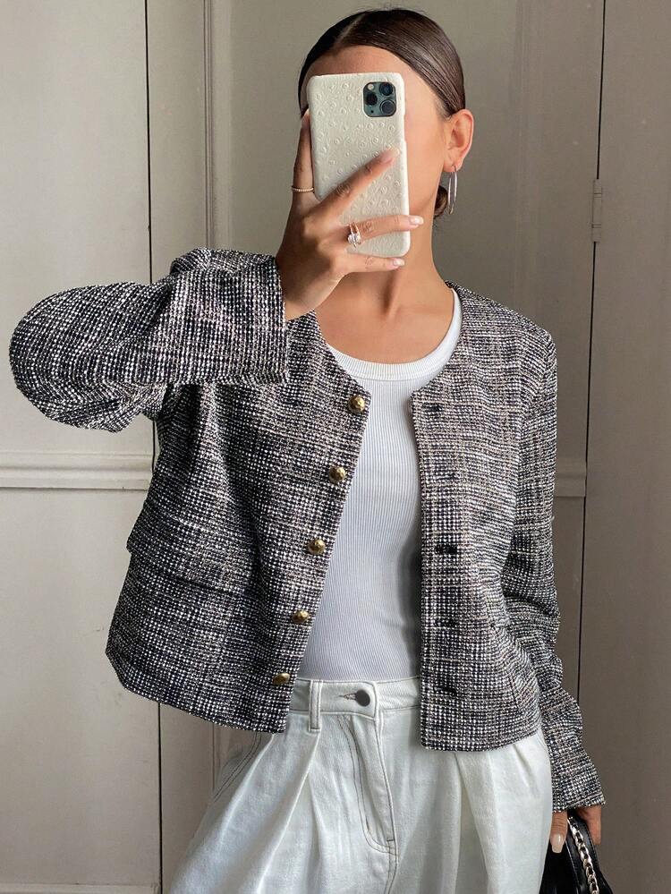 Oversized V-Neck Long Sleeve Plaid Single-Breasted Women Jacket,Fall Clothes