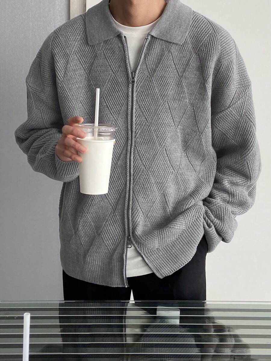 DAZY Men's Solid Color Zip-Up Cardigan, Casual & Fashionable For Everyday Wear Jacket Fall,Winter - Grey - View 1