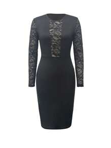 SHEIN Clasi Women's Winter Black Lace Patchwork Long Sleeve Tight Fitting Sexy Elegant Dress - Black - View 6