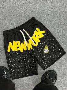 Manfinity Streetrush Shorts casuales rectos con estampado de letras versátil y de moda para hombre, estilo de ropa urbana estadounidense, shorts con gráficos para hombres, ropa de hombre, shorts para hombre