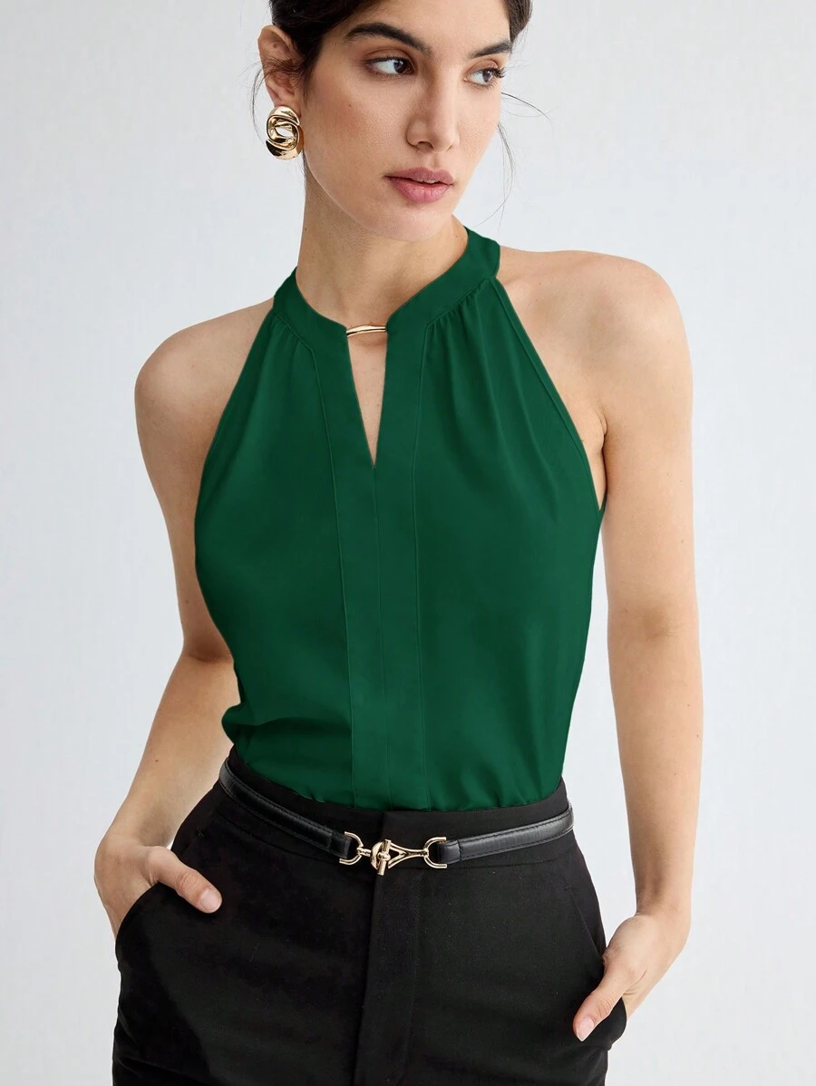 BizChic Solid Color Keyhole Neck Elegant Halter Neck Tank Top, Versatile For Commuting, Daily Wear, Romantic 90s Retro, Suitable For Christmas, New Year, Valentine's Day, Party, Beach, Graduation, Fashion, Carnival, Holiday, Wedding Guest, Suitable For Outing, Date, Party, Concert, Stage Performance, Breakfast, Airport, Multi-Scenario - Dark Green - View 1