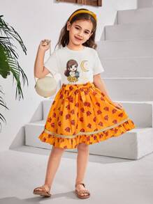 SHEIN Set de 2 piezas: Top de unicolor con patrón de niña dulce y falda de punto con estampado de flores de henna, adecuado para fiesta, uso diario, vacaciones y festivales - Amarillo - Ver 6