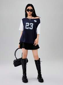 SHEIN تي شيرت أطفال صيفية بأكمام قصيرة،طباعة أرقام، كولاريه متناسق مع التباين اللوني - أزرق بحري - مشاهدة 4