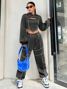 Coolane 2pcs/Set Women Hoodie Top & Pants Set, Solid Color