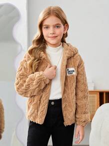 SHEIN 女大童字母補丁細節連帽搖粒絨夾克 - 駝色 - 查看 6