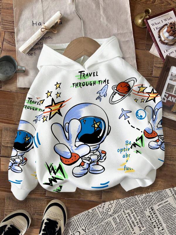 SHEIN Young Boys Casual Loose Comfortable Everyday Wear Cute Astronaut & Space Graphic Print Knit Long Sleeve Hoodie