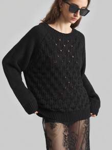 Ontre Damen Schwarzer Floral Jacquard Pullover mit offenen Schultern und Crew-Ausschnitt, Langarm, Mode vielseitig mit Stickerei, Frühjahrskollektion 2025 - Schwarz - Übersicht 1