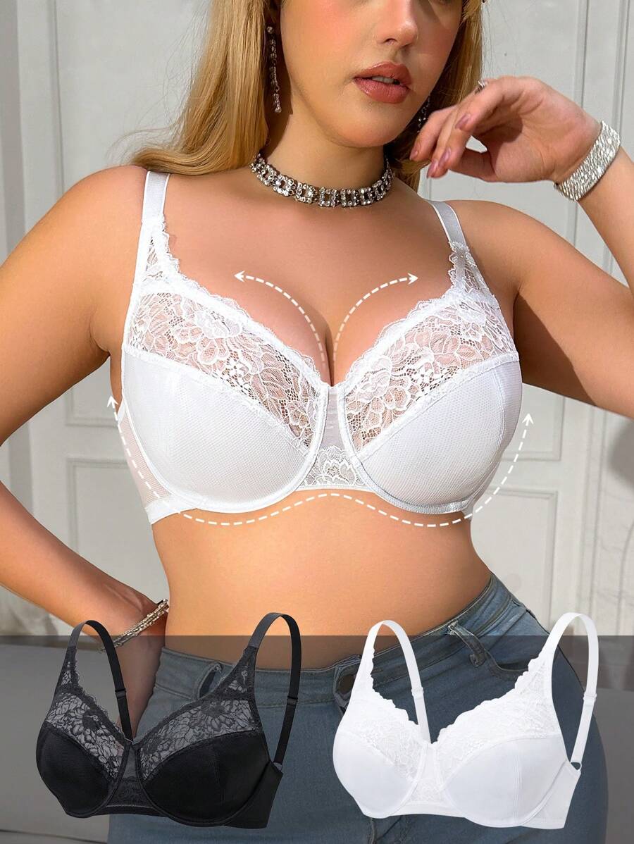 2 件/套无衬垫钢圈加大码文胸，透气舒适聚拢 - 彩色 - 查看 1