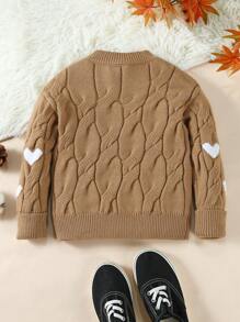 SHEIN 1pc Girls Heart Pattern Knit Round Neck Sweater, Casual & Suitable For Home, Outing, Party, Back To School In Spring, Summer And Autumn - Brown - View 2