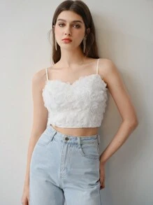 MOTF STUDIO Top corto de tela de malla con parches de flores