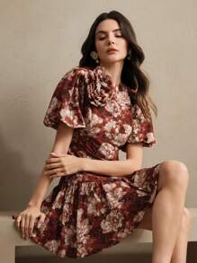 Anewsta 法式碎花印花优雅度假迷你连衣裙，泡泡袖和收腰设计，夏季度假、情人节、新年装