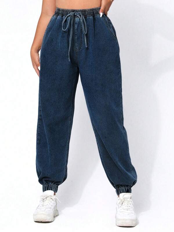 SHEIN EZwear Plus Size Casual Everyday Draw String Waist Cuffed Hem Jeans