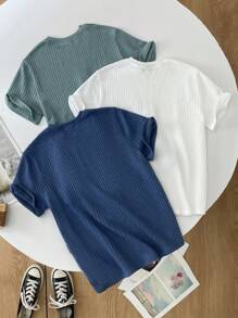 SHEIN 3pcs Tween Boys' Half Hem Button Textured Short Sleeve T-Shirts, Blue, Green, White, Suitable For Casual, Sports, Travel, School, Summer All-Match - Multicolor - View 2