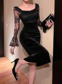 DAZY Square Neck Lace Patchwork Mid-Length Dress For Women Prom Dress,Ruffle
