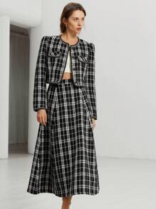 Aveloria Modichic Women's Front Button Long Sleeve Pocket Plaid Casual Blouse And Skirt 2 Pieces Set