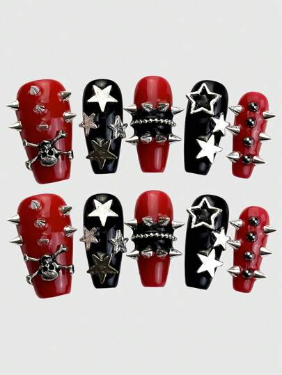 Kawaii 10 pezzi di unghie finte corte con teschio punk, stella in metallo e borchie, con 1 pezzo di nastro adesivo