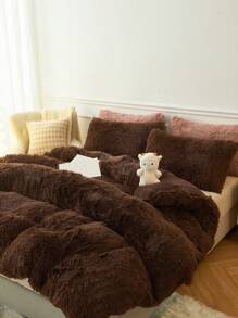 3pcs Coffee Brown Plush Shaggy Fleece Duvet Cover Set, Soft Warm Faux Fur And Skin-Friendly Duvet Cover Set, With Zippered Comforter Cover, Luxurious Solid Color Design For Bedroom And Guest Room, Easy Care And Maintenance, Hypoallergenic, And Durable, King Queen Full Twin Size Bed, 1 Duvet Cover And 2 Pillowcases