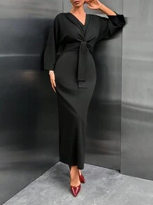 RueChic Tie Front V Neck Split Detailed Long Dress - Black - View 5