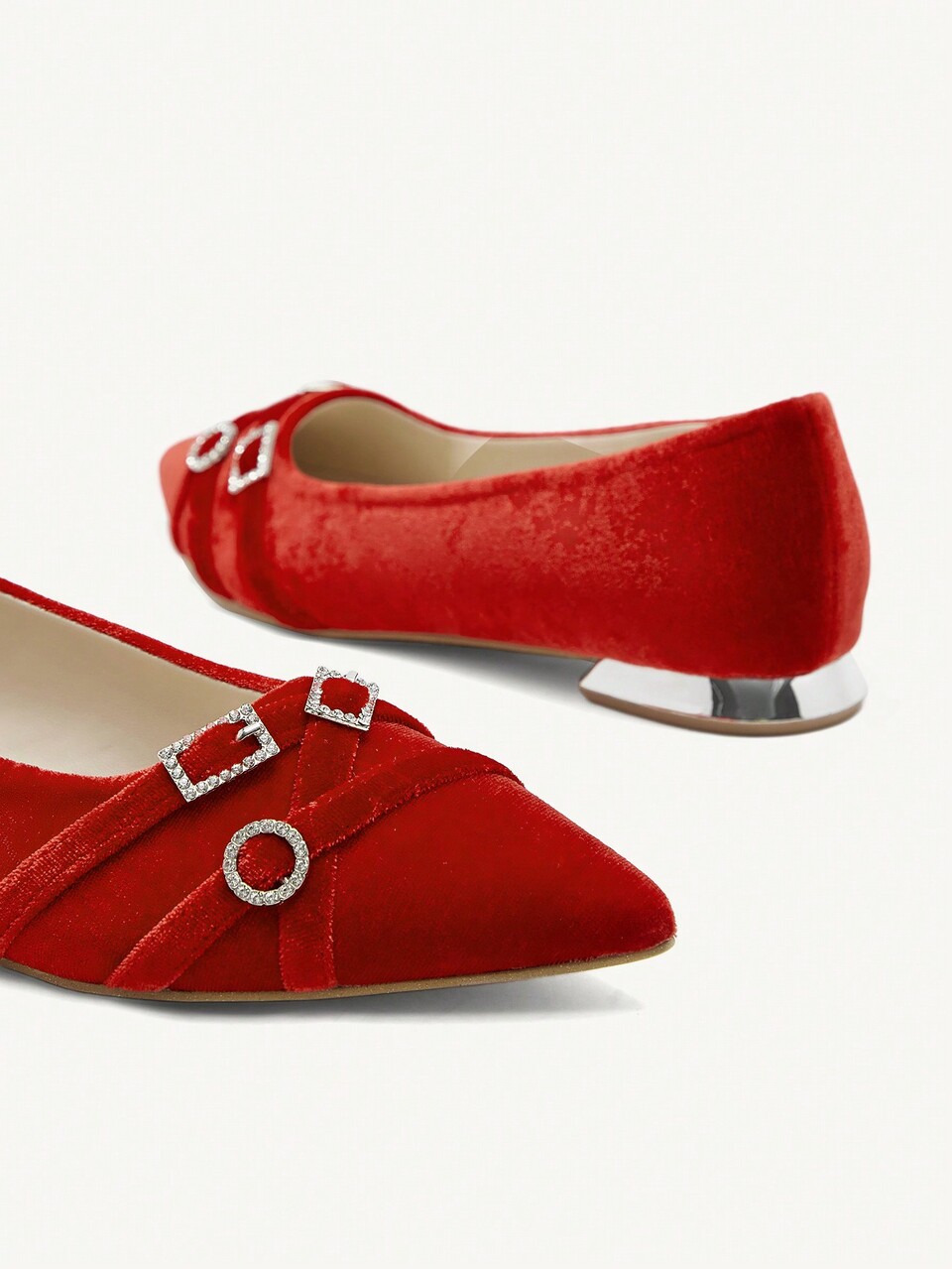 CUCCOO CHICEST Women's New 3-Strap Round Buckle Pointed Toe Velvet French Romantic Flats, Red Color Spring Shoes Spring Break Easter