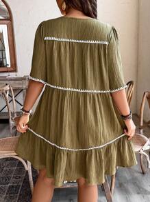 SHEIN LUNE Damen Neues Lässig Kleid mit Spitzen-Einsätzen, Quasten und Puffärmeln - Olivgrün - Übersicht 2