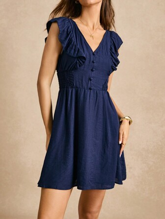 Poéselle Enfärgat Knappar Framtill A-linje Klänning