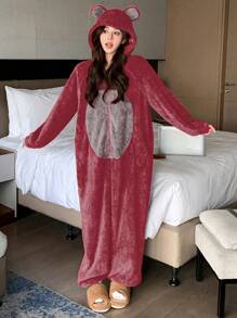 DAZY Pelele con capucha de franela con decoración de orejas lindas, ropa de dormir de invierno